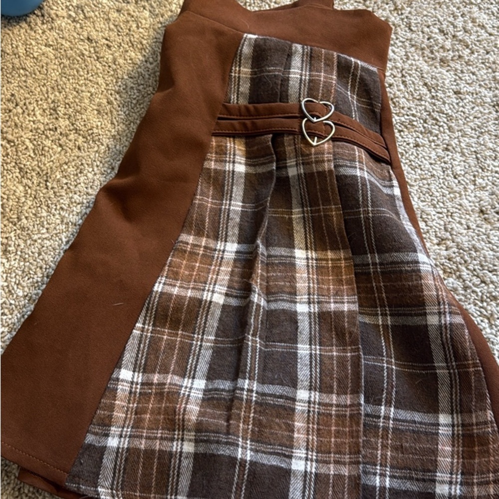 Plaid Brown Kids Dress with Heart Accents